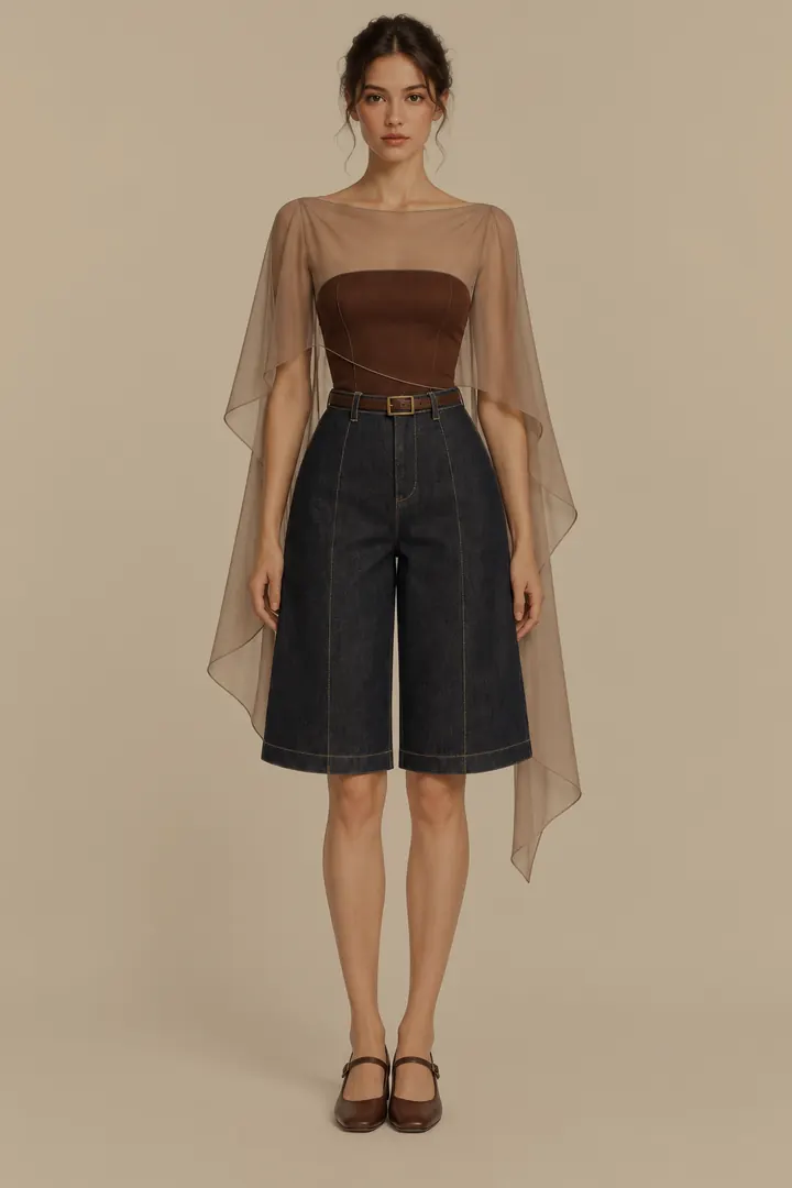 Look Blune: top marrom com capa translúcida e bermuda jeans