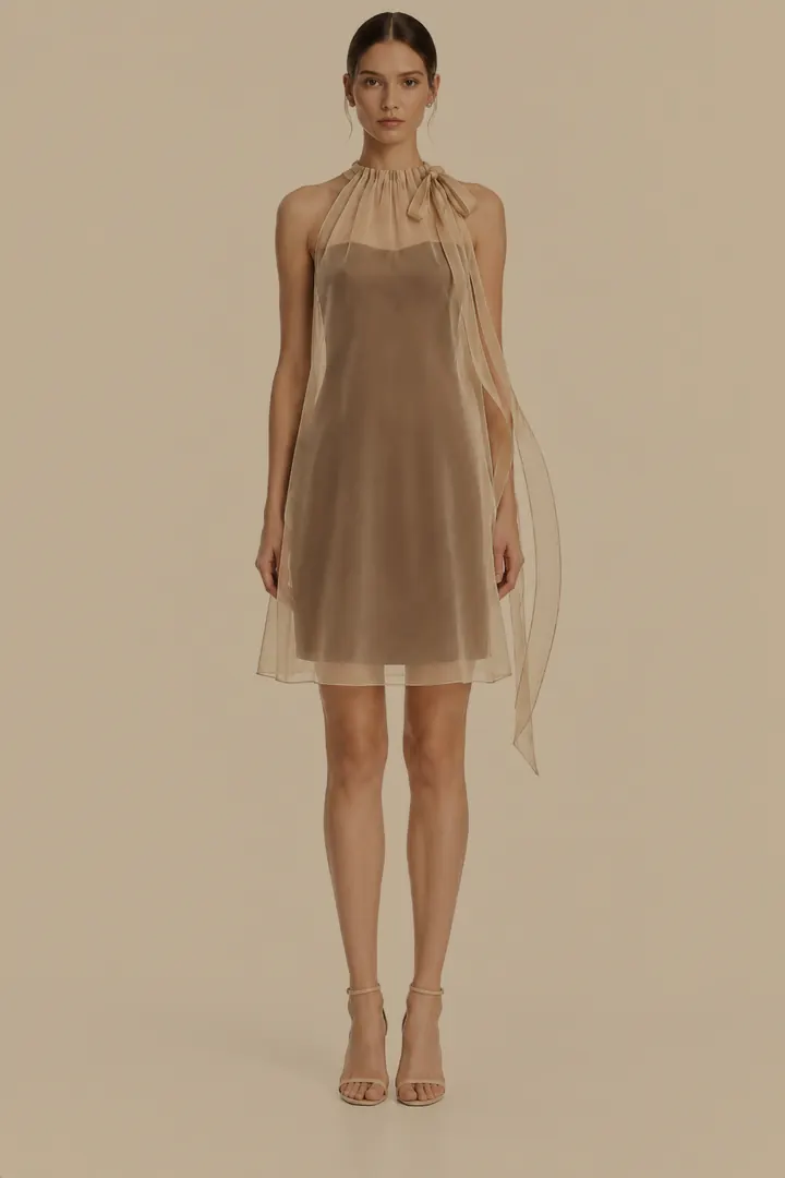Look Blune: vestido nude com sobreposição translúcida e laço no pescoço
